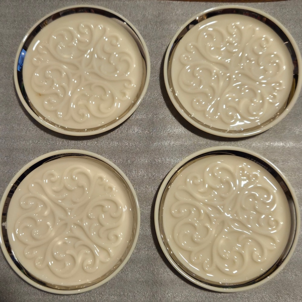 Lenox Ivory Bone China Coasters Set/4 Platinum Rim Scroll Filigree Made in‎ USA